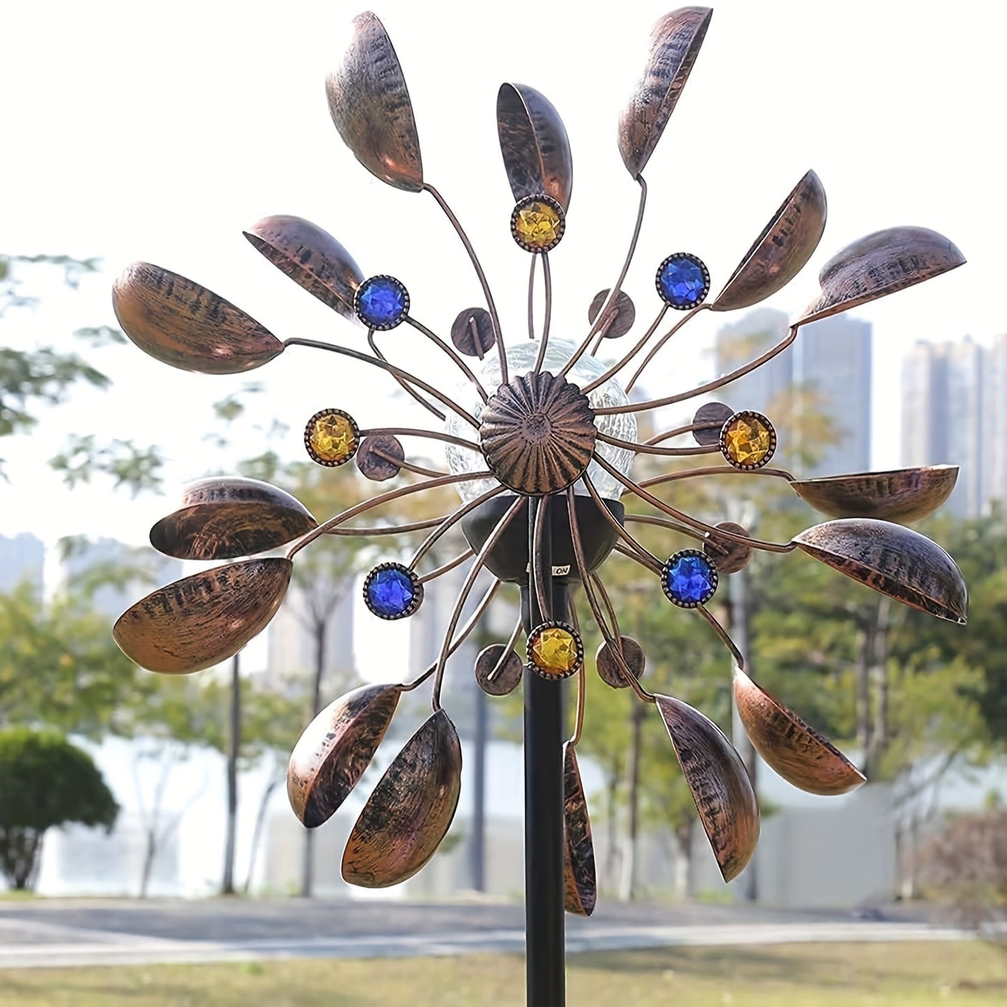 Solar Powered Metal Wind Spinner LED Glass Ball Garden Decor