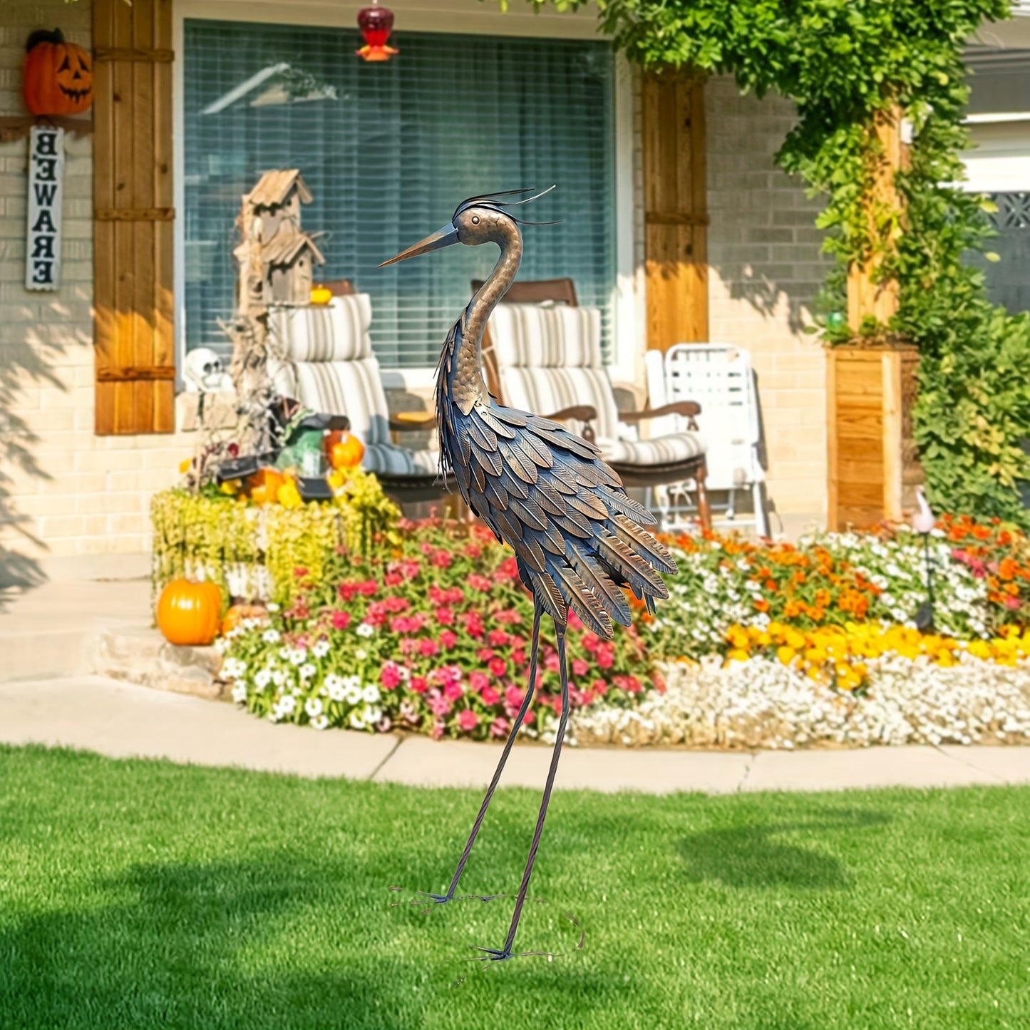 Metal Heron Outdoor Sculpture For Garden Yard Decor