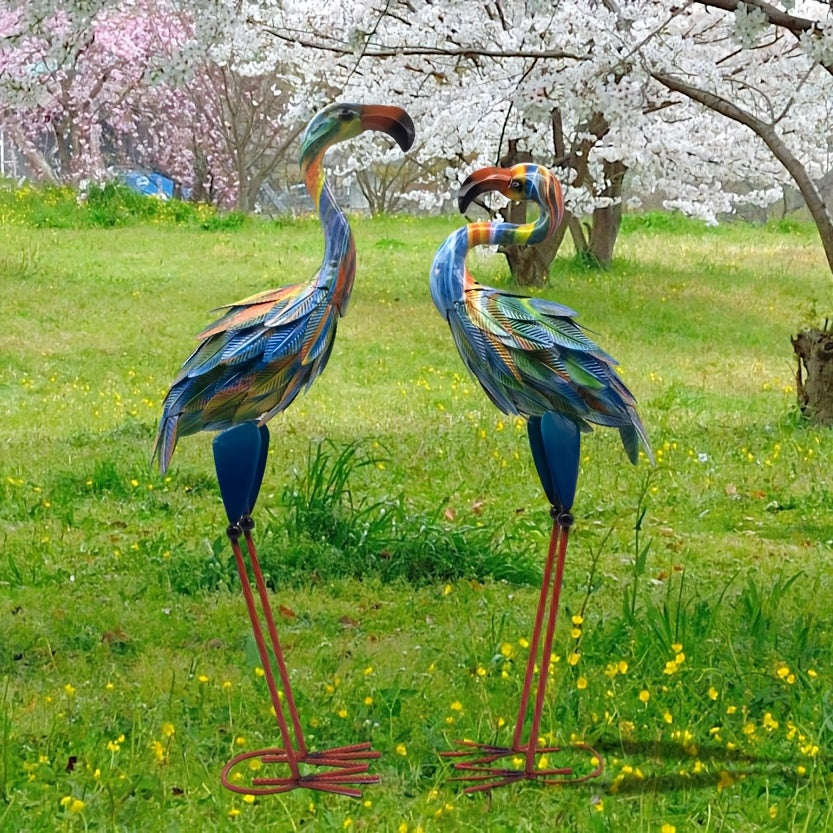 Metal Flamingo Garden Statues Outdoor Decor Set Of 2