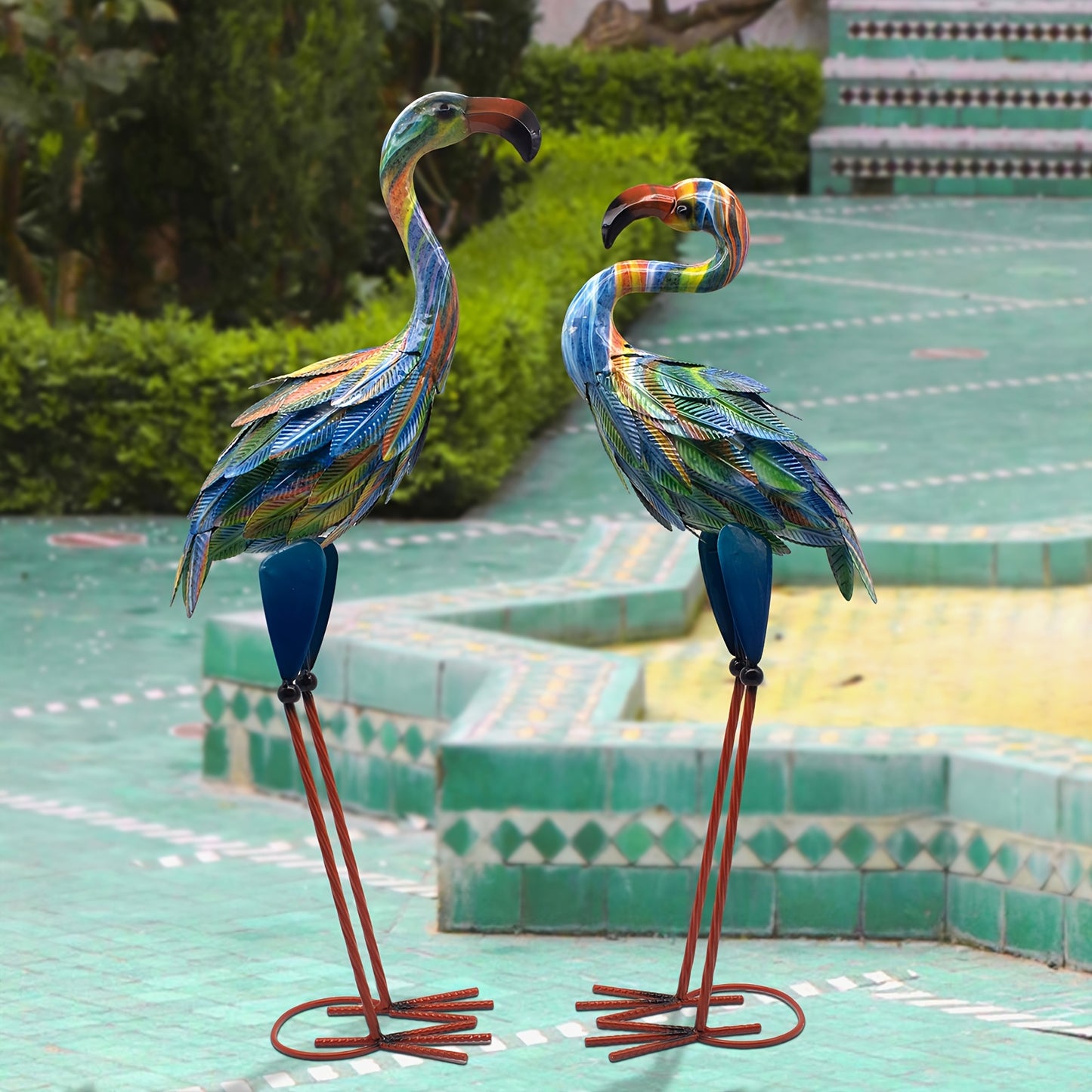 Metal Flamingo Garden Statues Outdoor Decor Set Of 2