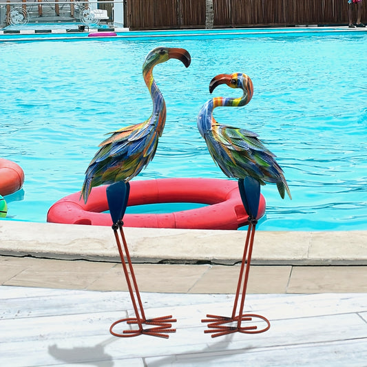 Metal Flamingo Garden Statues Outdoor Decor Set Of 2