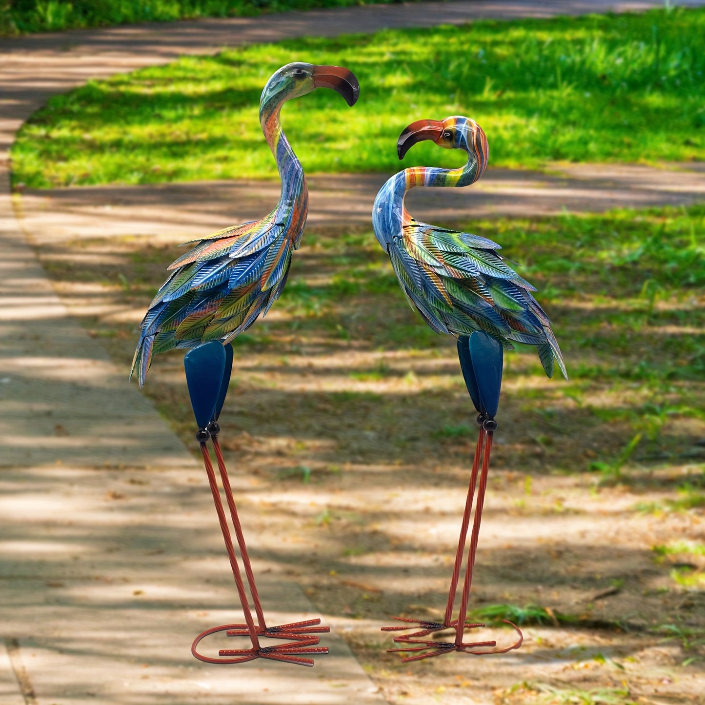 Metal Flamingo Garden Statues Outdoor Decor Set Of 2