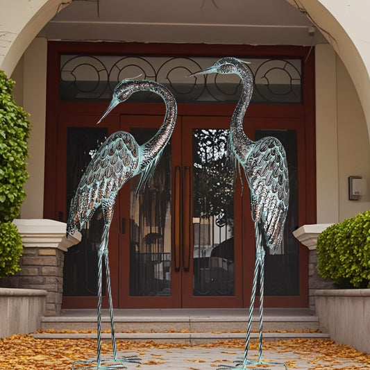Metal Crane Statues Set Of 2 Floor Standing Yard Art