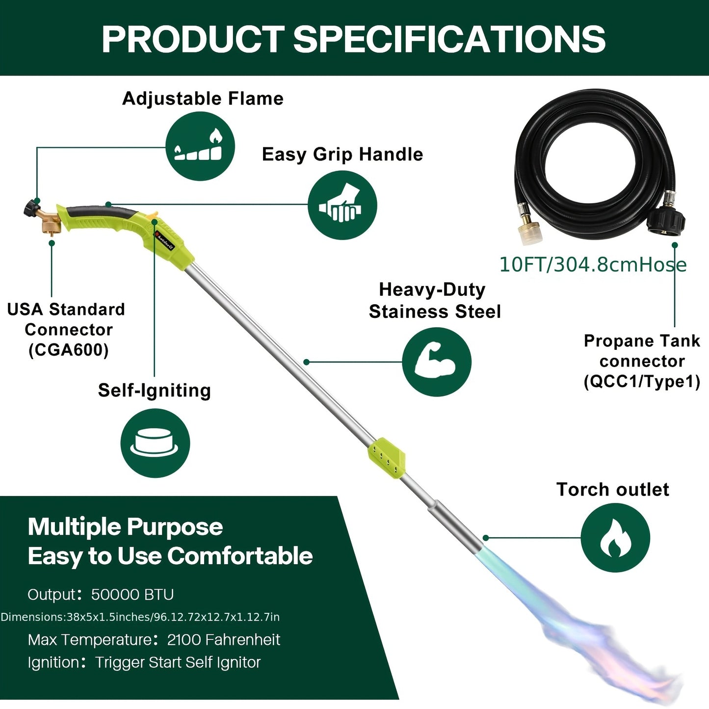 50K BTU Propane Torch Weed Burner with 10ft Hose & Self-Ignition - Portable Flamethrower for Weeds, Snow Melting, Roof & Road Repair - Durable Metal Construction, Weed Control, Snow Removal, Ergonomic Design, Reliable Perform