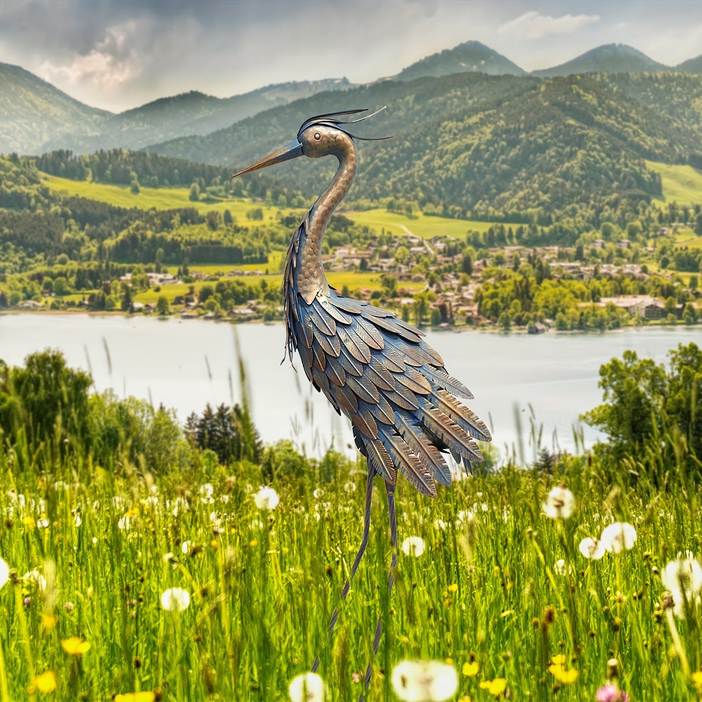 Metal Heron Outdoor Sculpture For Garden Yard Decor