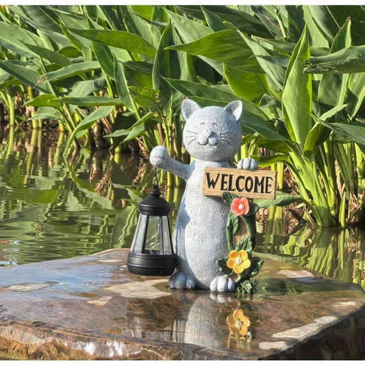 Welcome Cat Garden Statue With Three Dimensional Flowers