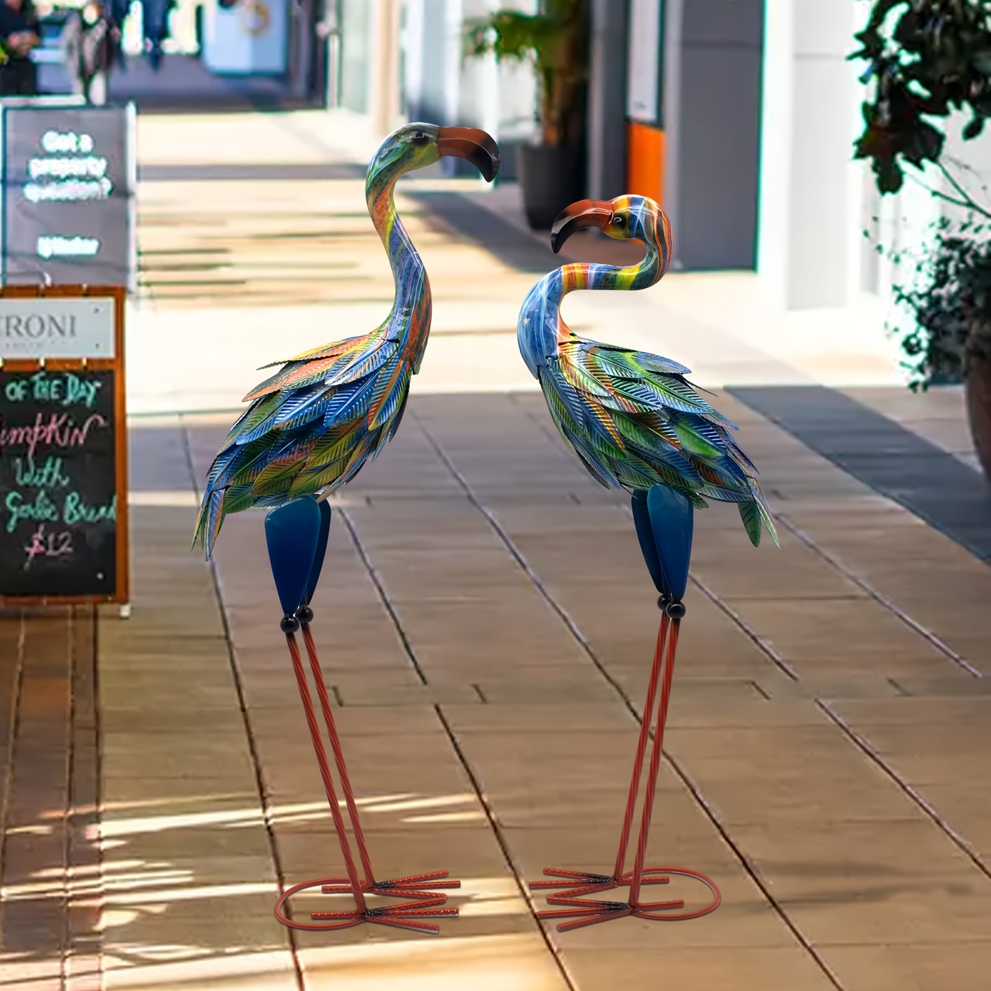 Metal Flamingo Garden Statues Outdoor Decor Set Of 2