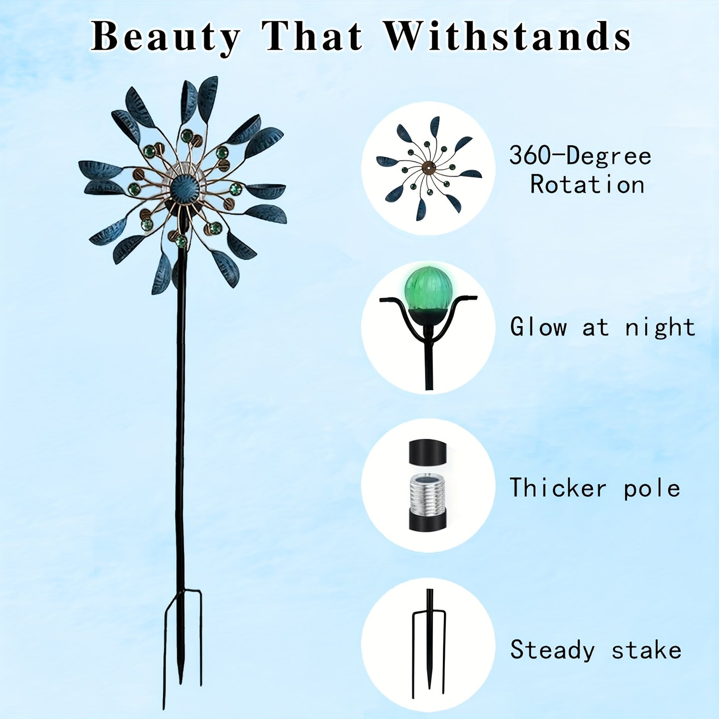 Solar Powered Metal Wind Spinner LED Glass Ball Garden Decor