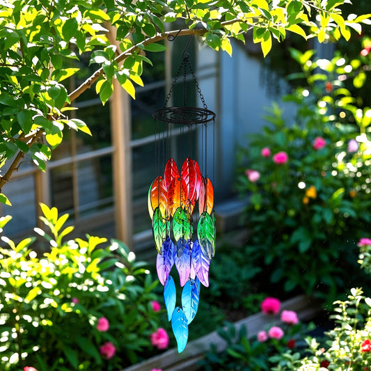 Hand Painted Glass Leaf Wind Chime Rainbow Forest Design