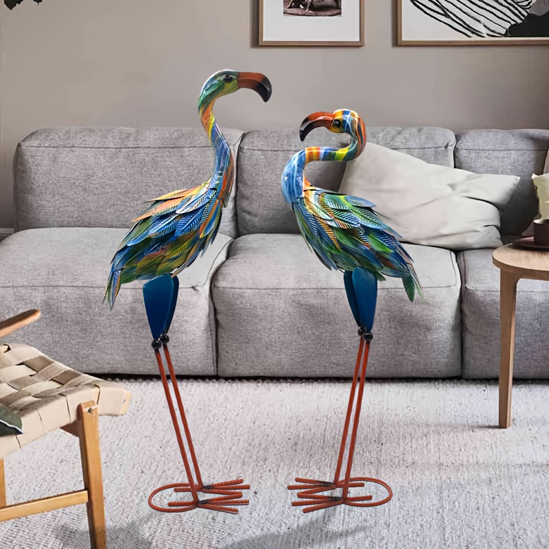 Metal Flamingo Garden Statues Outdoor Decor Set Of 2