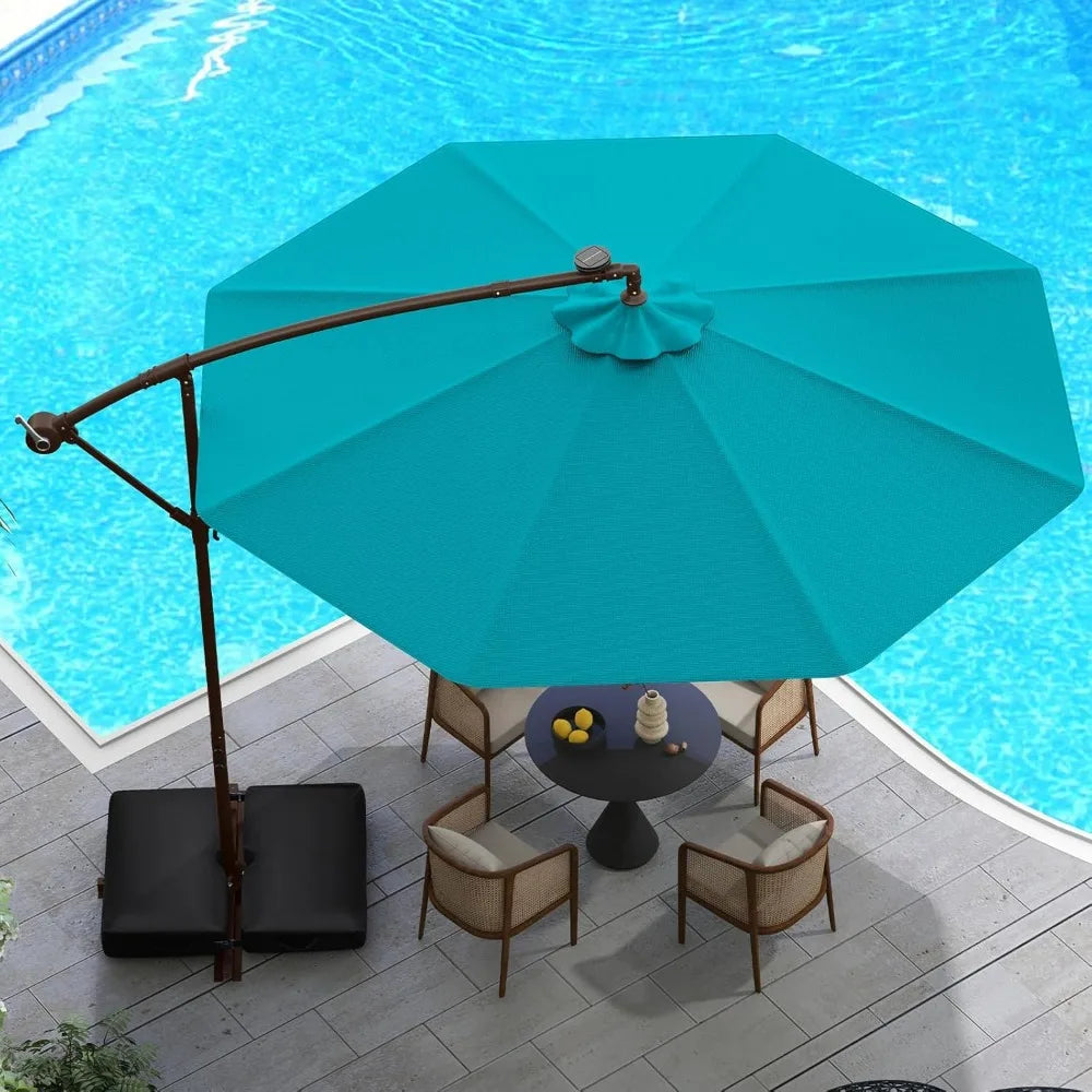 Huanzhuang Offset Patio Umbrella With Base And LED Lights