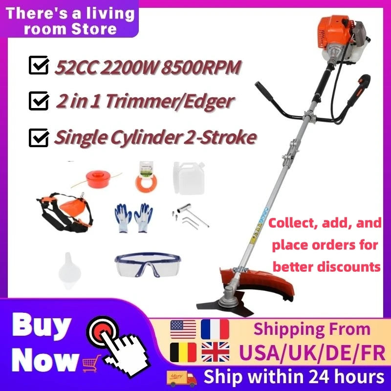 2200W Weed Eater Cordless Petrol 52CC 8500RPM,Strong Power String Trimmer Brush Cutter Weed Wacker,2 In 1 Lawn Mower Machine