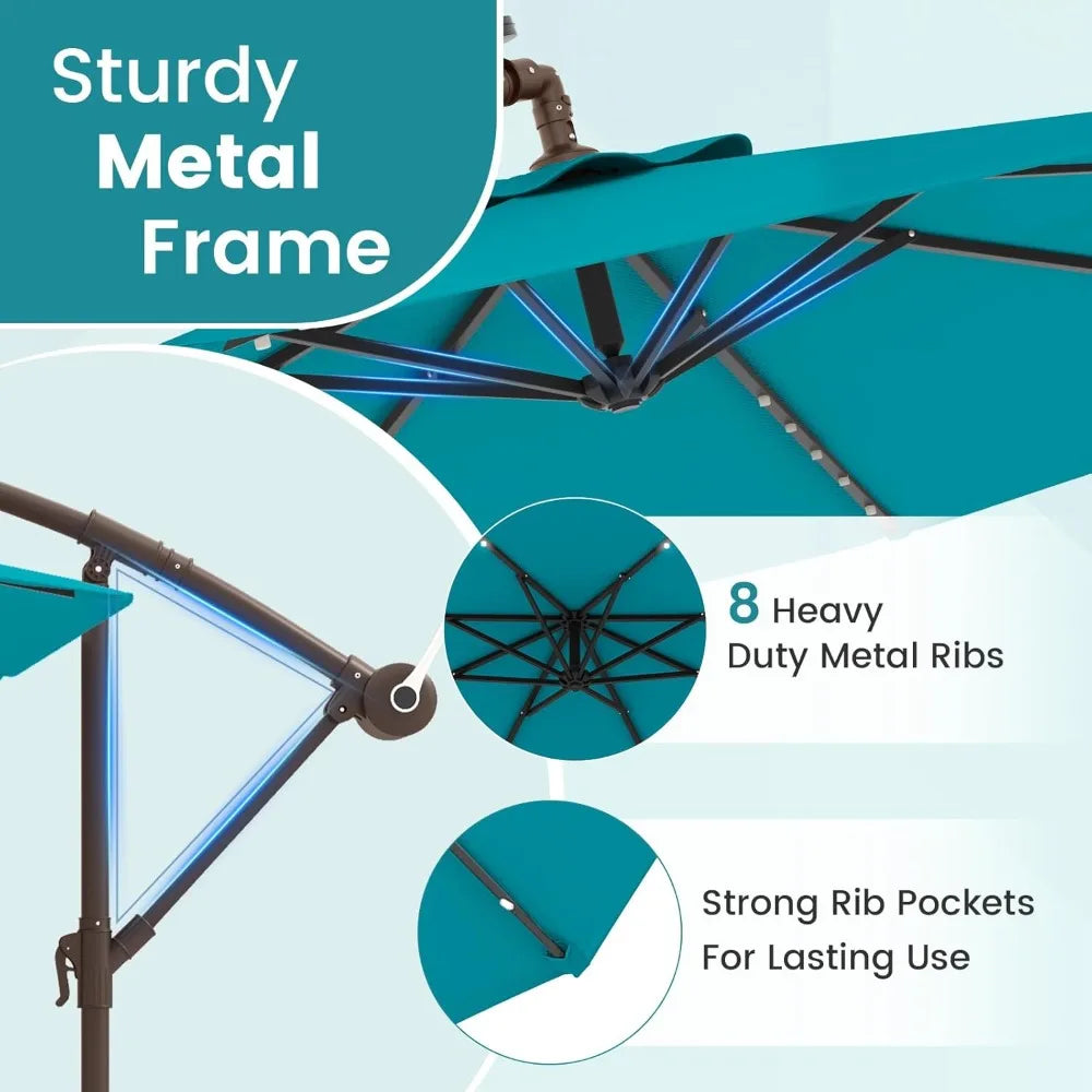 Huanzhuang Offset Patio Umbrella With Base And LED Lights