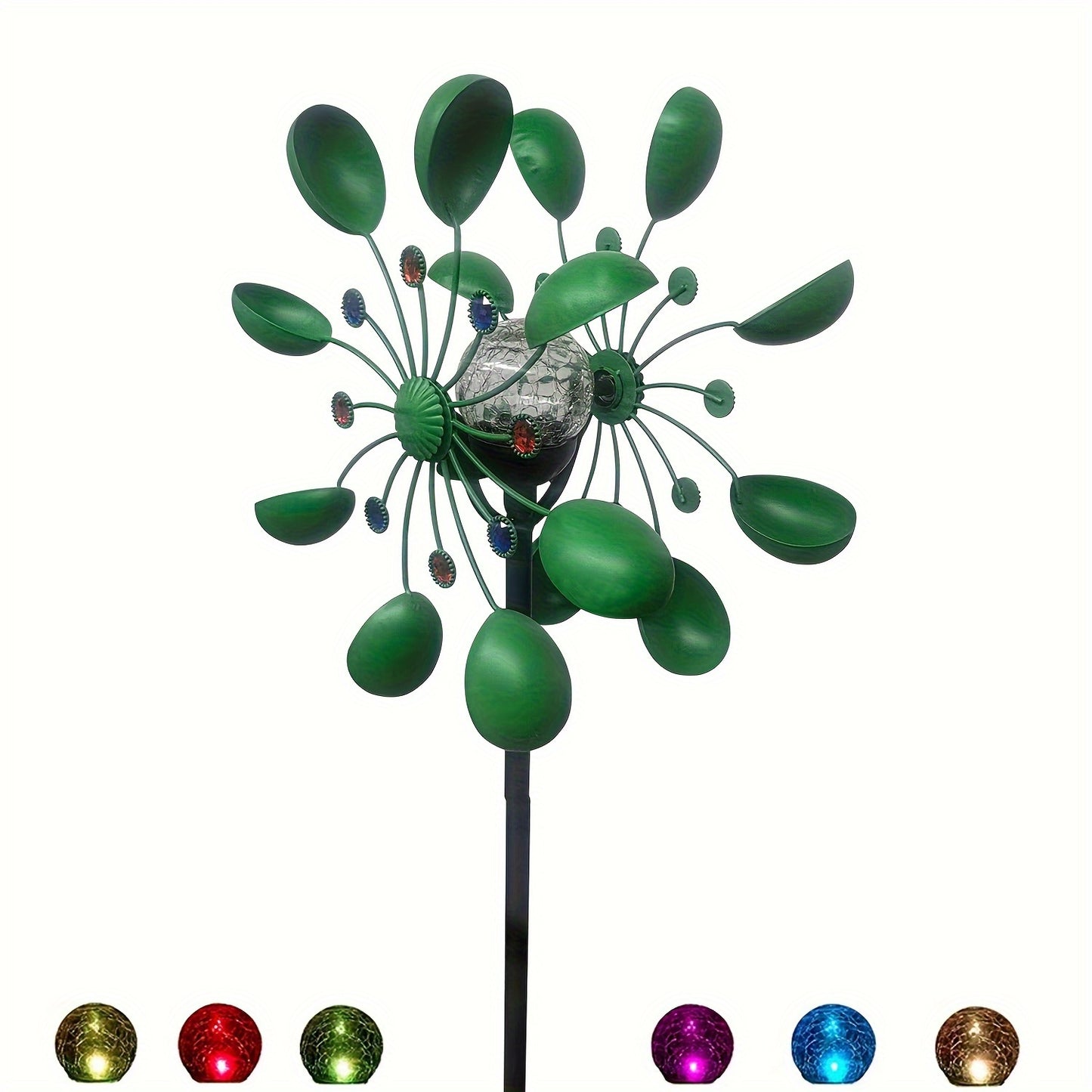 Solar Powered Metal Wind Spinner LED Glass Ball Garden Decor