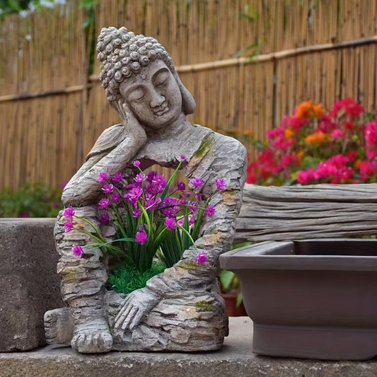 Zen Buddha Statue With Floral Planter Resin Garden Decor