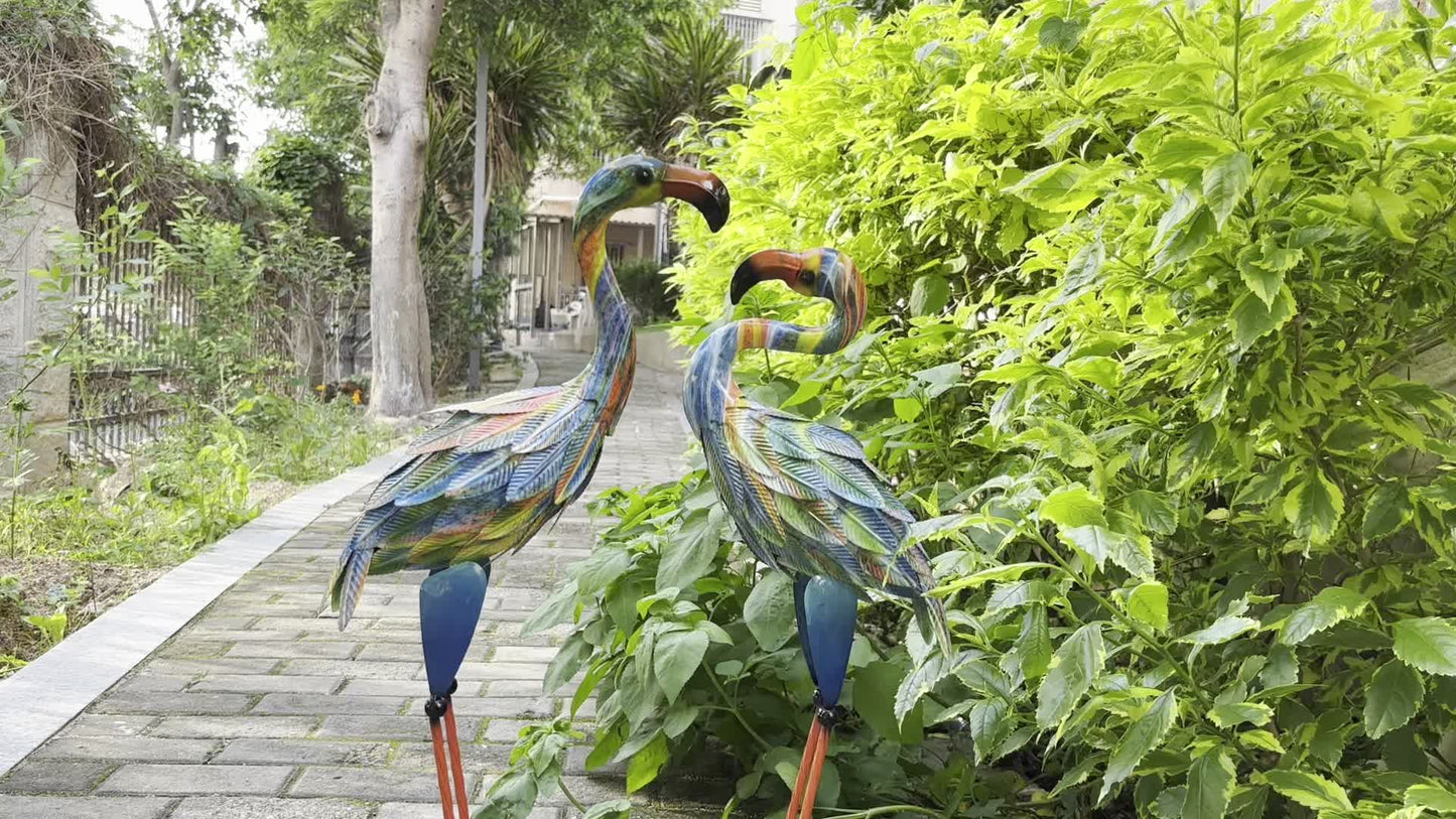 Metal Flamingo Garden Statues Outdoor Decor Set Of 2
