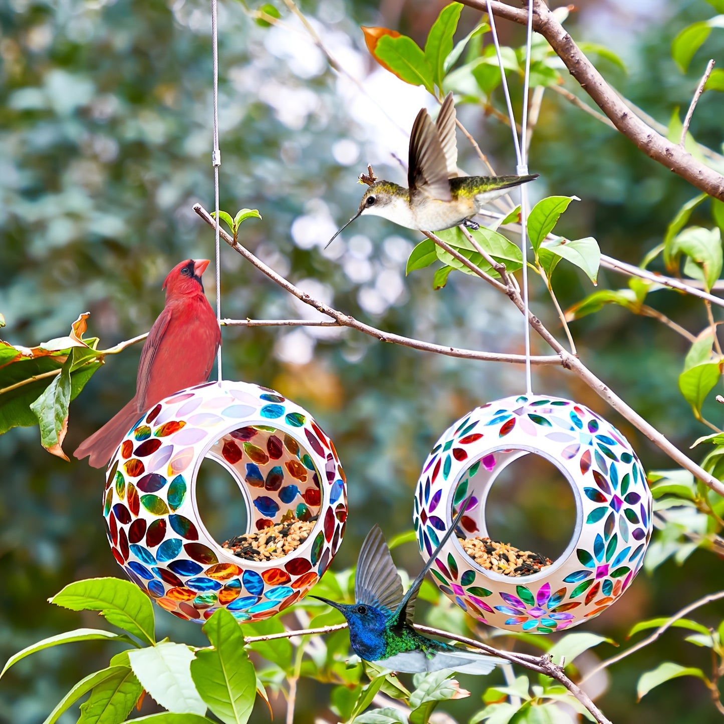 Outus Round Mosaic Glass Bird Feeders For Outdoor Gardens