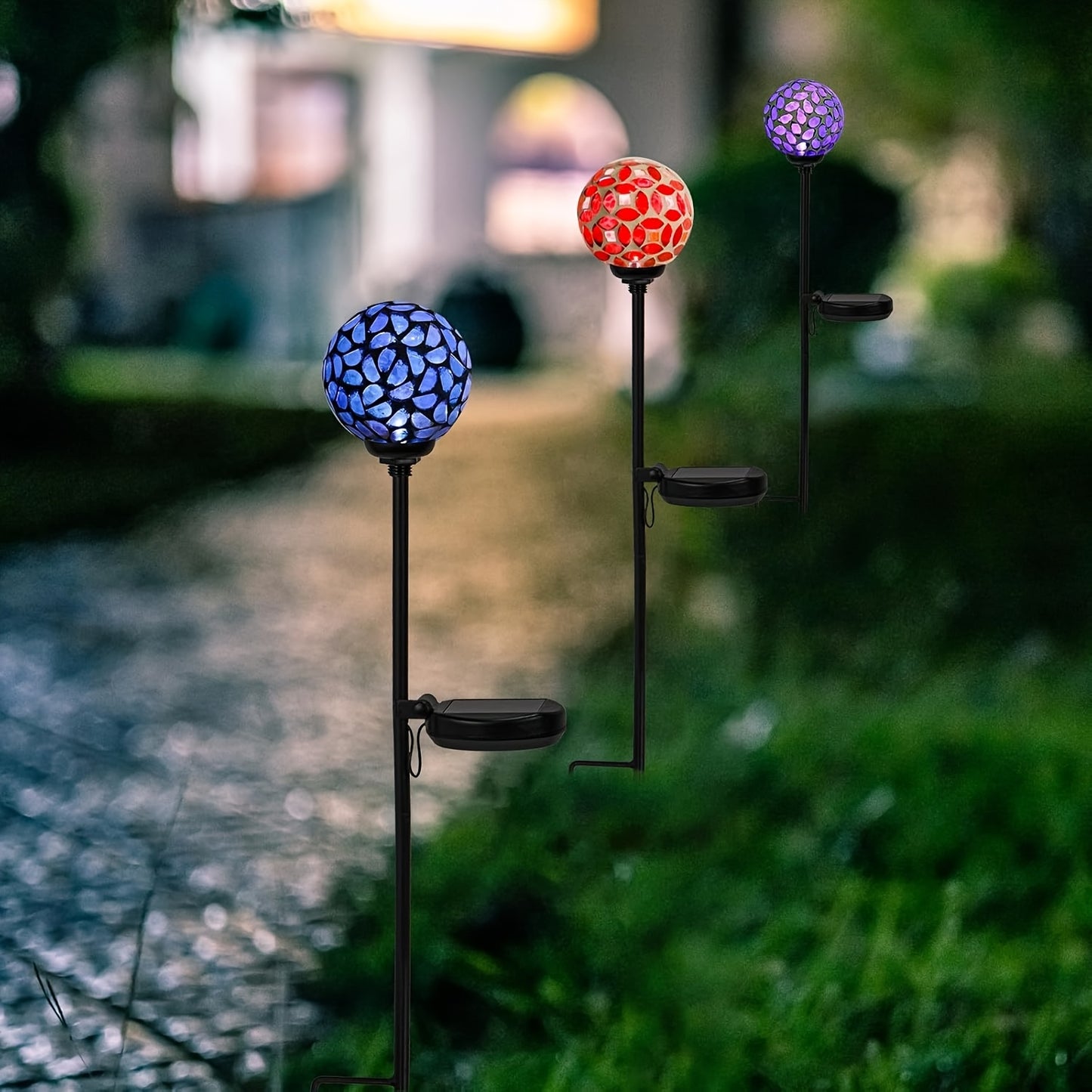 Three Pack Solar Mosaic Garden Stakes Outdoor Lights IPX4