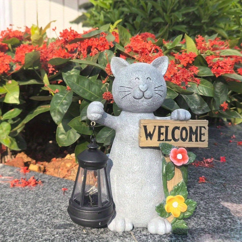 Welcome Cat Garden Statue With Three Dimensional Flowers