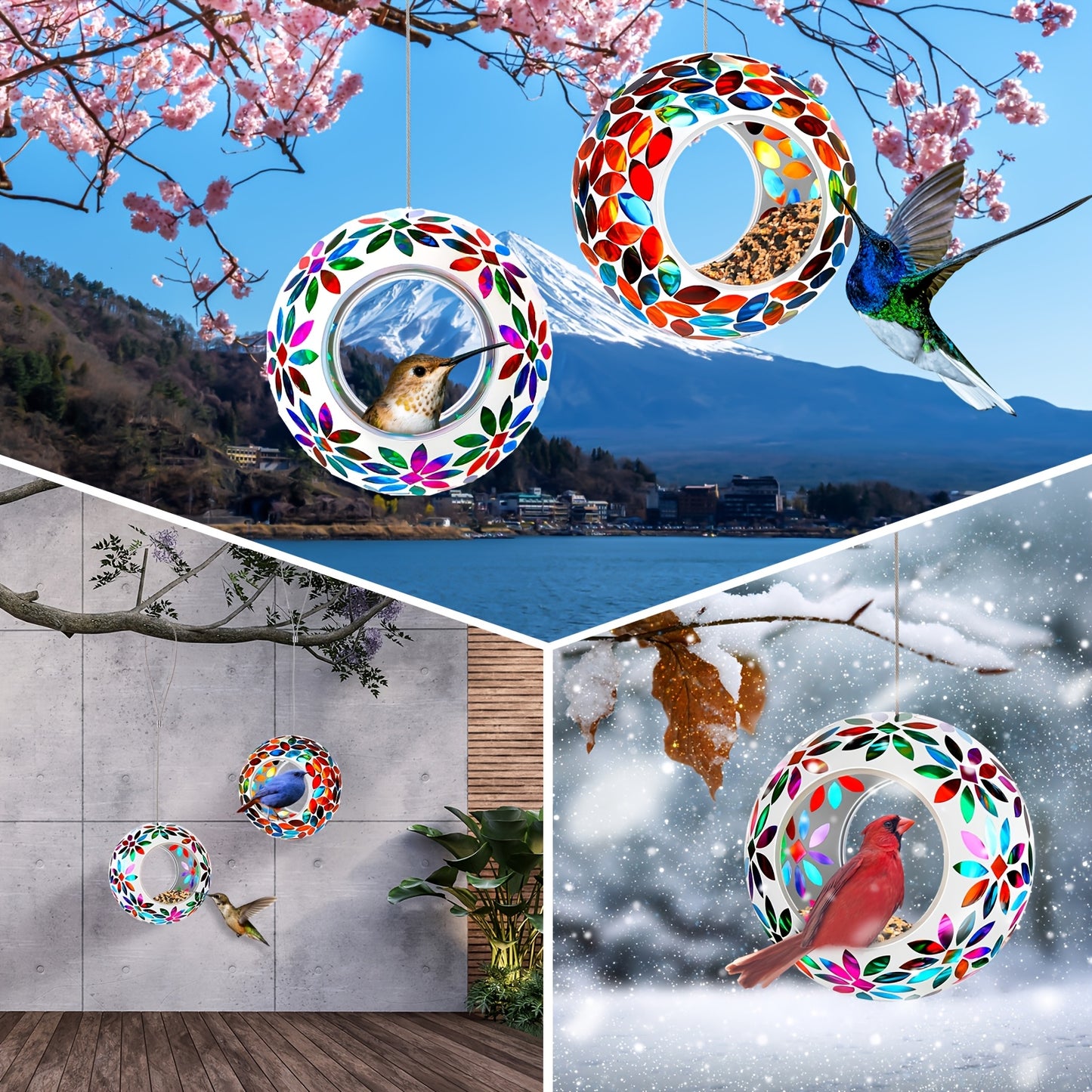 Outus Round Mosaic Glass Bird Feeders For Outdoor Gardens