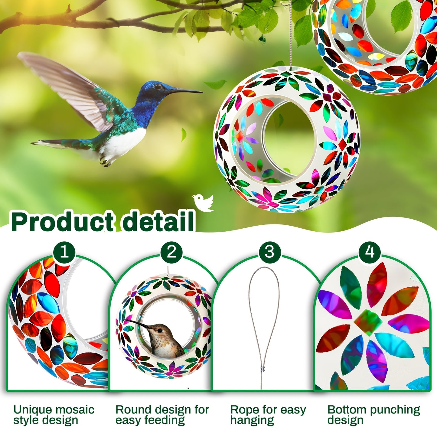 Outus Round Mosaic Glass Bird Feeders For Outdoor Gardens