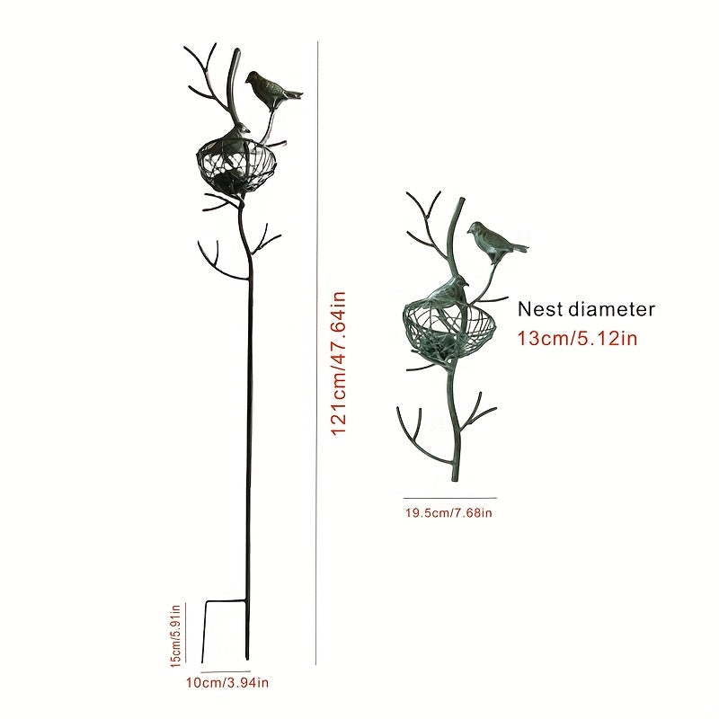 An exquisite faux tree-shaped garden stake with a beautifully crafted simulated bird's nest, perfect for farmhouse gardens and villa courtyard landscaping decor
