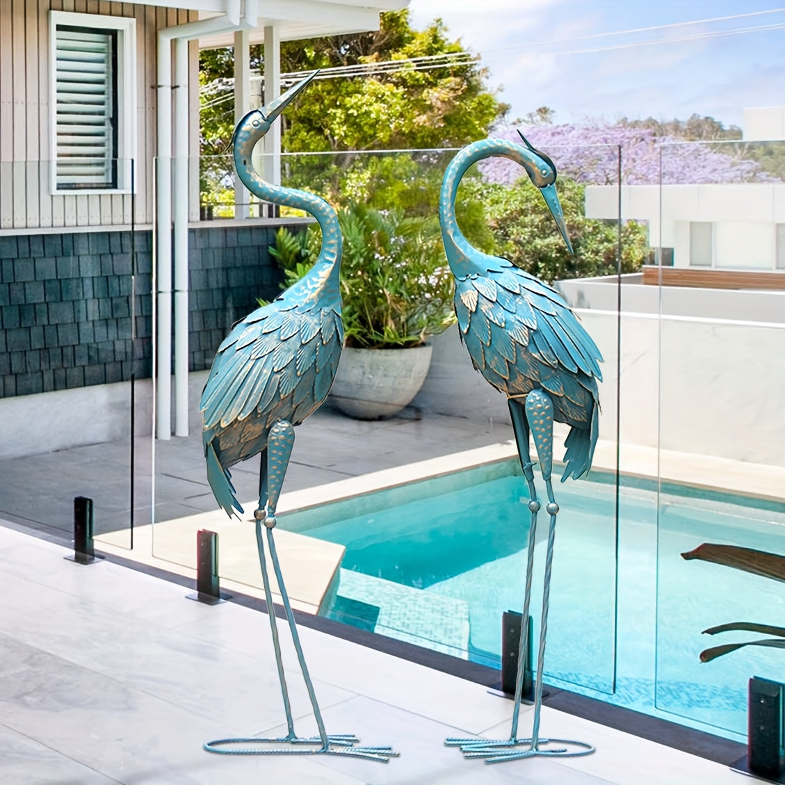 Rustic Metal Garden Crane Statues Outdoor Yard Decor
