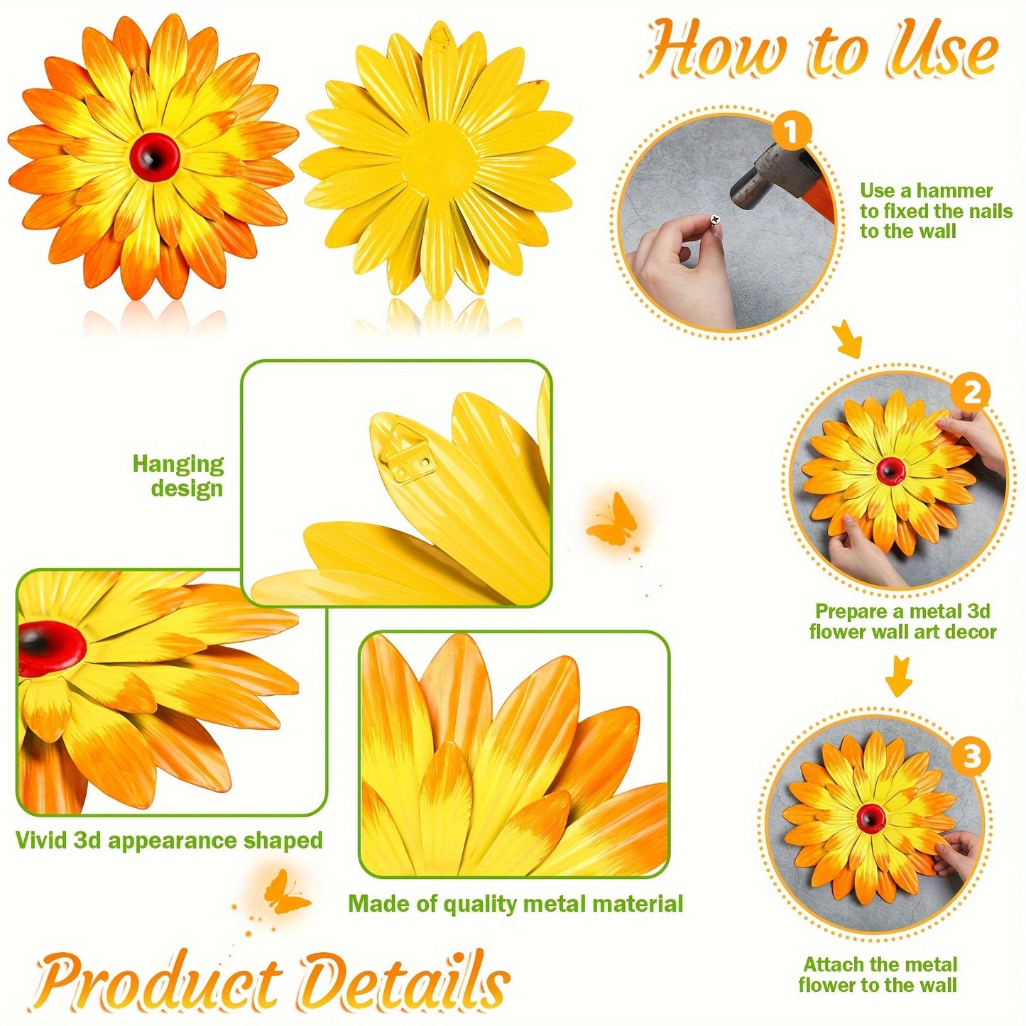 Outus Metal Flower Butterfly Wall Art Decor Set Outdoors