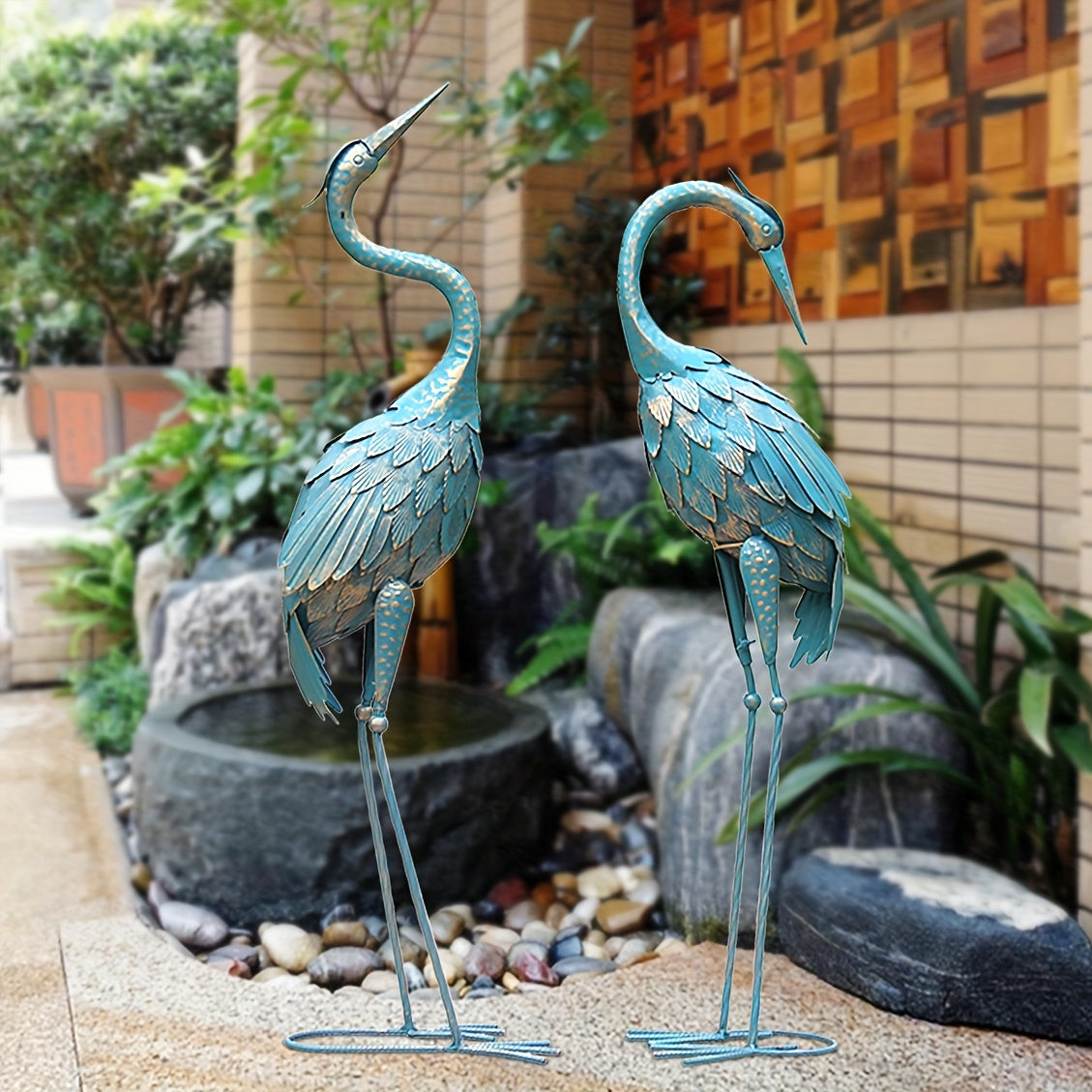 Rustic Metal Garden Crane Statues Outdoor Yard Decor