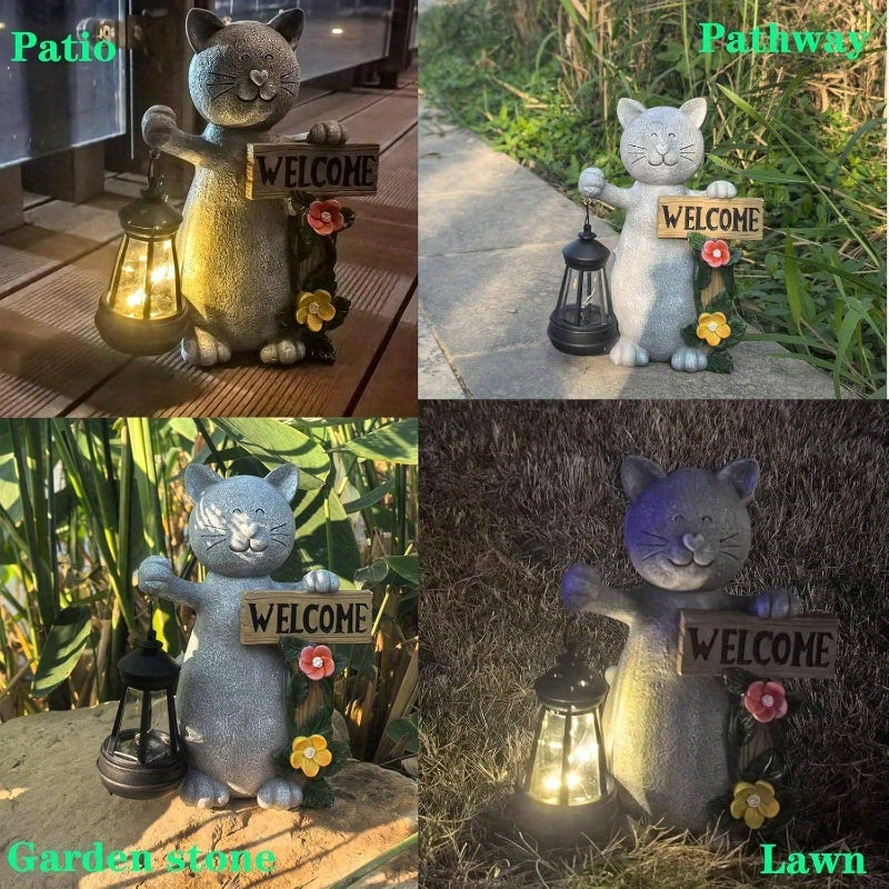 Welcome Cat Garden Statue With Three Dimensional Flowers
