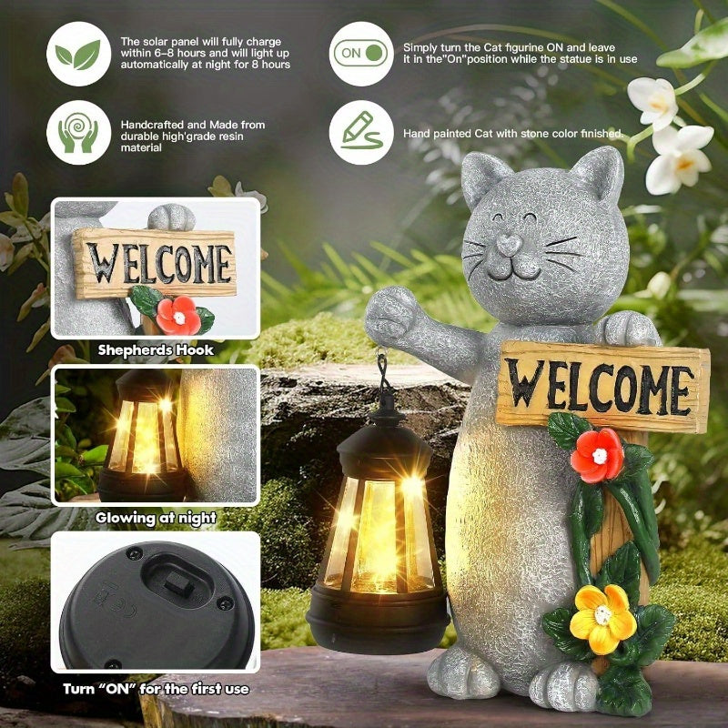 Welcome Cat Garden Statue With Three Dimensional Flowers