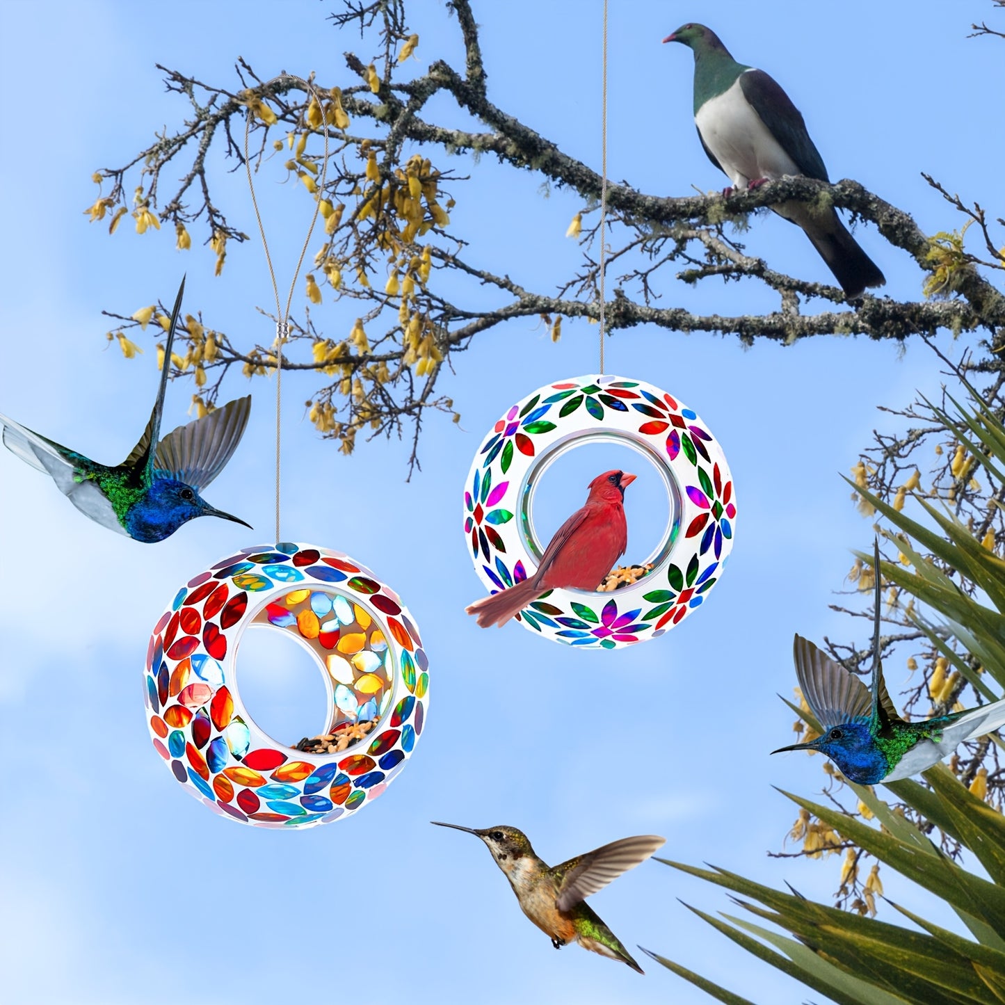 Outus Round Mosaic Glass Bird Feeders For Outdoor Gardens
