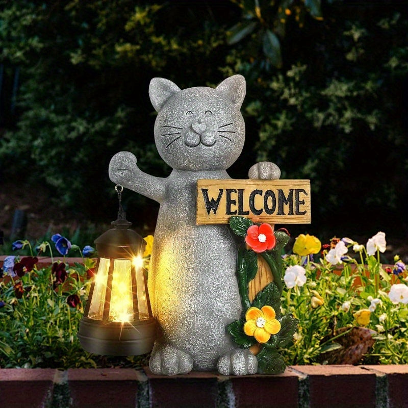 Welcome Cat Garden Statue With Three Dimensional Flowers