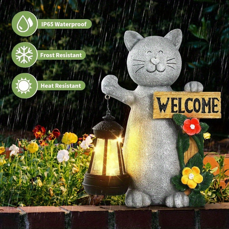 Welcome Cat Garden Statue With Three Dimensional Flowers