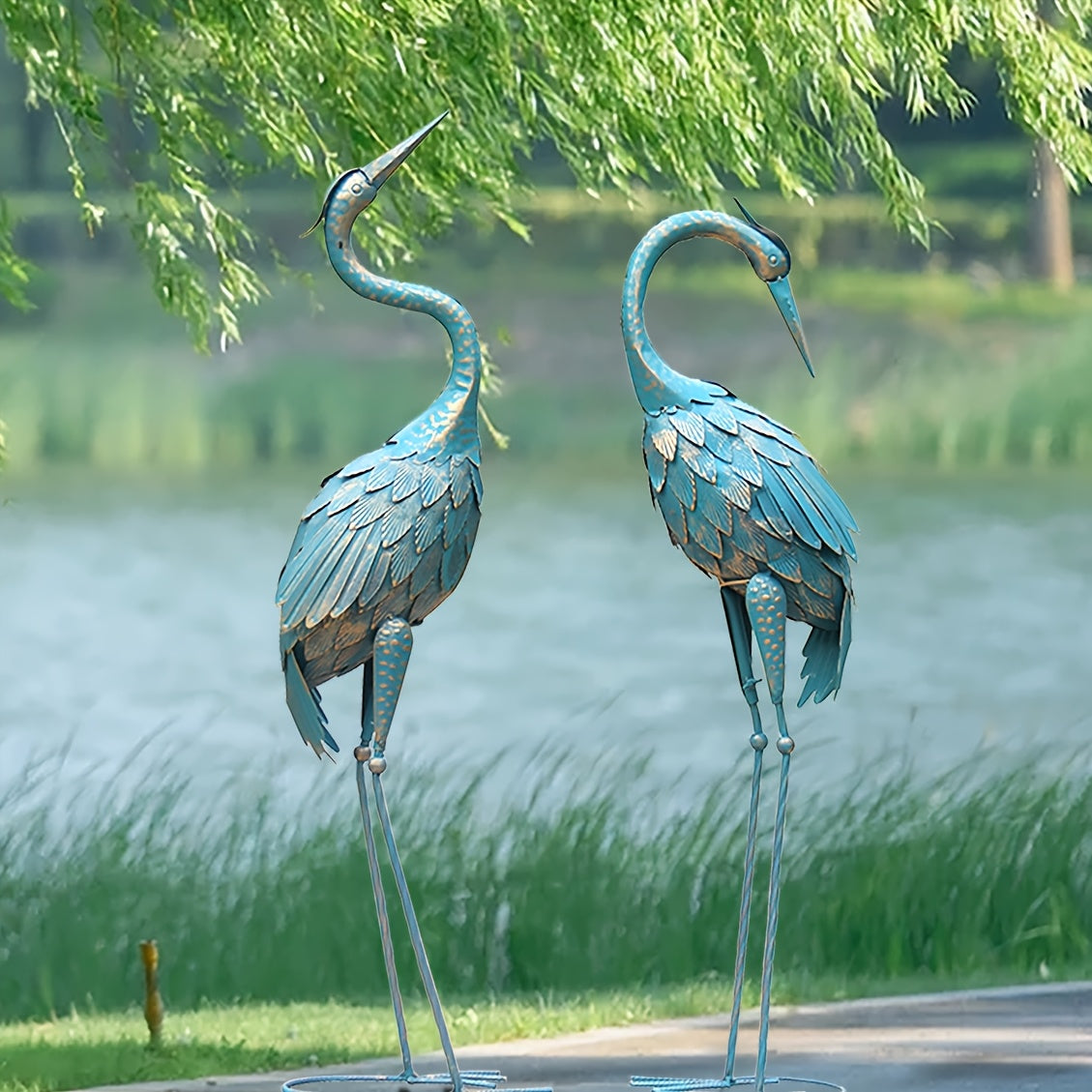 Rustic Metal Garden Crane Statues Outdoor Yard Decor