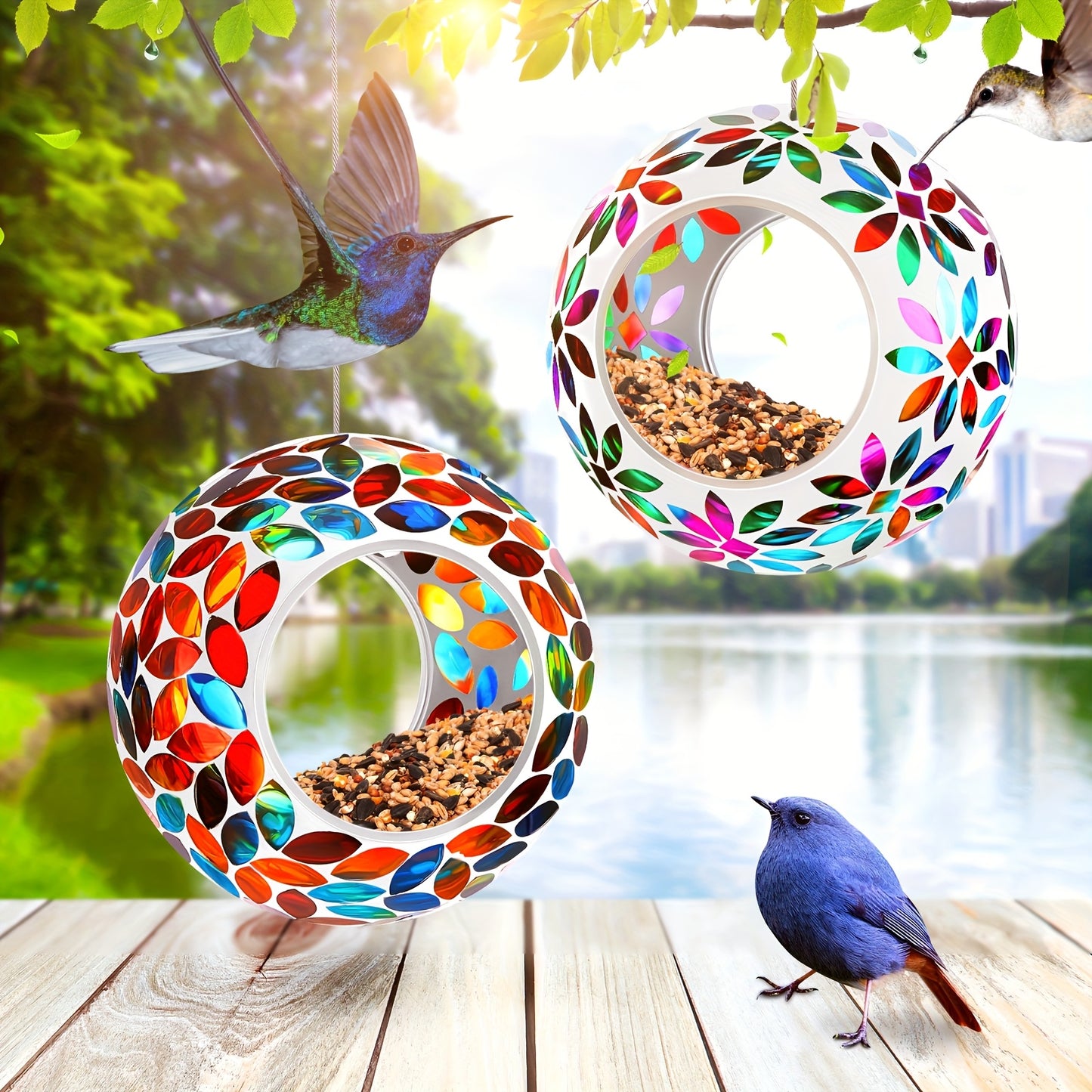 Outus Round Mosaic Glass Bird Feeders For Outdoor Gardens